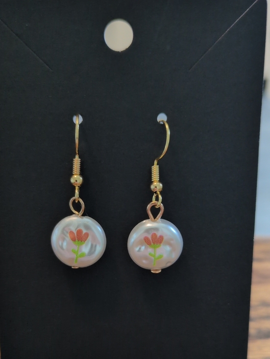 Fetch It ND Jewelry - Gold-Tone Pearl Drop Earrings with Pink Flower Detail